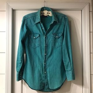 Vintage Wrangler denim-extra long tail pearl snap.